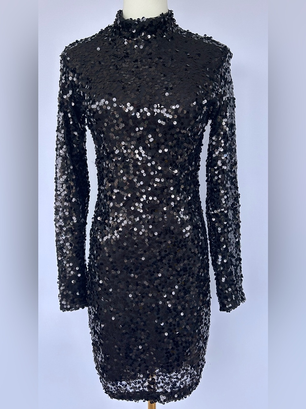 H & M Women’s Black Sequined Mini Dress Mock Neck Long Sleeve Size Small